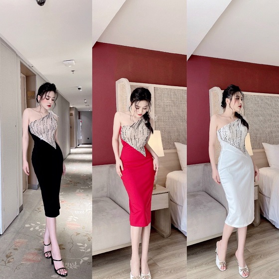 ĐẦM DỰ TIỆC LỆCH VAI KẾT LONG VŨ CAO CẤP ĐẦY SANG TRONG QUÝ PHÁI -DN018